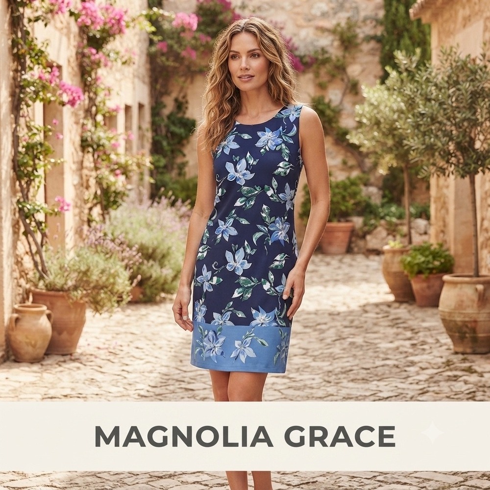 Magnolia Grace Womens M Navy Blue Floral Sleeveless V-Neck Shift Dress WGK70307